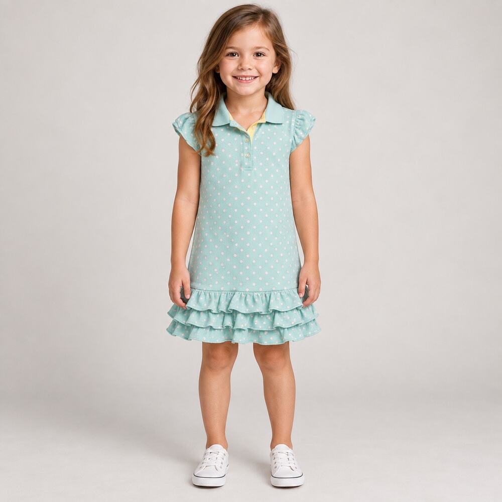 Lands’ End Girls Size 6 Aqua Pink Polka Dot Ruffle Polo Dress Cotton